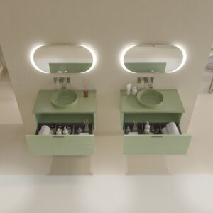Mueble de baño HOLE suspendido 1 cajón acabado VERDE OPALO con encimera SOLID SURFACE lavabo semiencastrado VERDE PALIDO