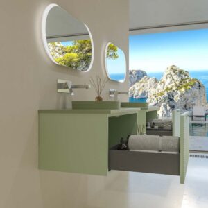 Mueble de baño HOLE suspendido 1 cajón acabado VERDE OPALO con encimera SOLID SURFACE lavabo semiencastrado VERDE PALIDO