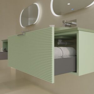 Mueble de baño HOLE suspendido 1 cajón acabado VERDE OPALO con encimera SOLID SURFACE lavabo semiencastrado VERDE PALIDO