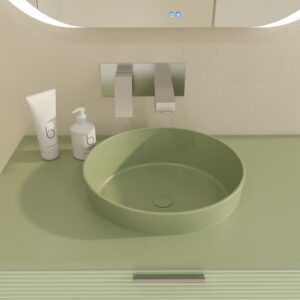 Mueble de baño HOLE suspendido 1 cajón acabado VERDE OPALO con encimera SOLID SURFACE lavabo semiencastrado VERDE PALIDO
