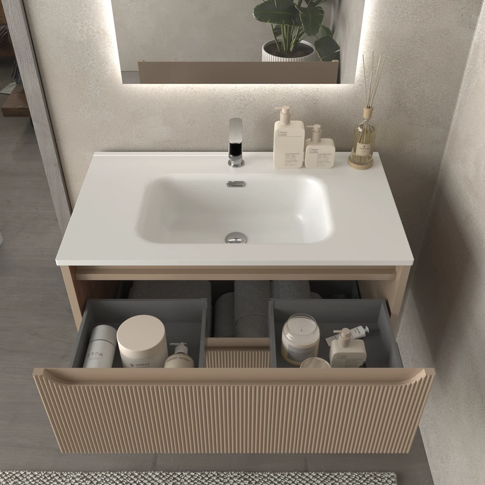 Mueble de baño suspendido 2 cajones TOSCANA con lavabo porcelana acabado millerigue MOKA - Imagen 4