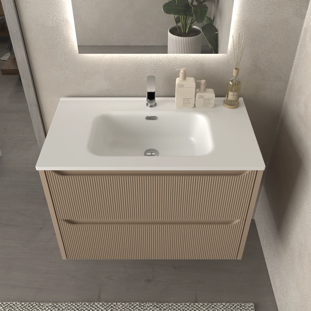 Mueble de baño suspendido 2 cajones TOSCANA con lavabo porcelana acabado millerigue MOKA - Imagen 3