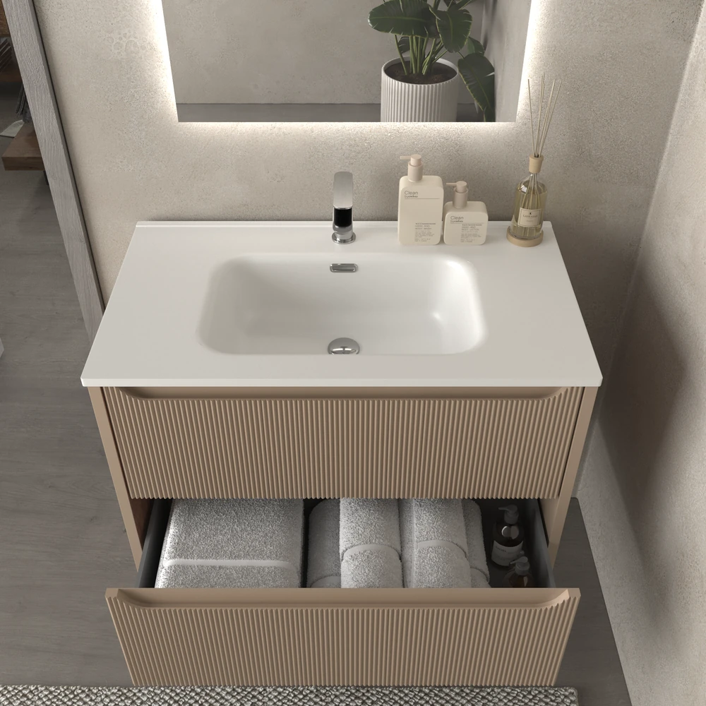Mueble de baño suspendido 2 cajones TOSCANA con lavabo porcelana acabado millerigue MOKA - Imagen 2