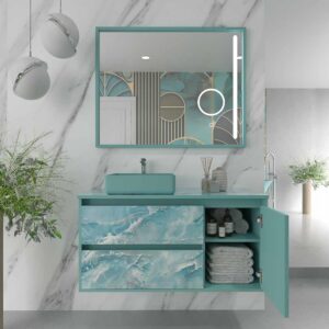 Mueble de baño suspendido 2 cajones/ 1 puerta UNICO efecto mármol con lavabo SATET Solid Surface