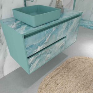 Mueble de baño suspendido 2 cajones/ 1 puerta UNICO efecto mármol con lavabo SATET Solid Surface