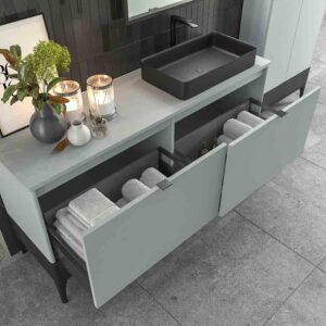 Mueble de baño VICENT con patas 4 cajones encimera Solid Surface con lavabo HORUS