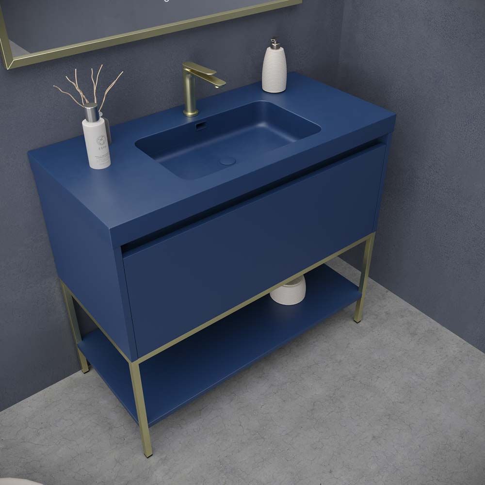 Mueble de baño ELEN con patas 1 cajón - 1 balda inferior AZUL COBALTO / ORO MATE - Imagen 4