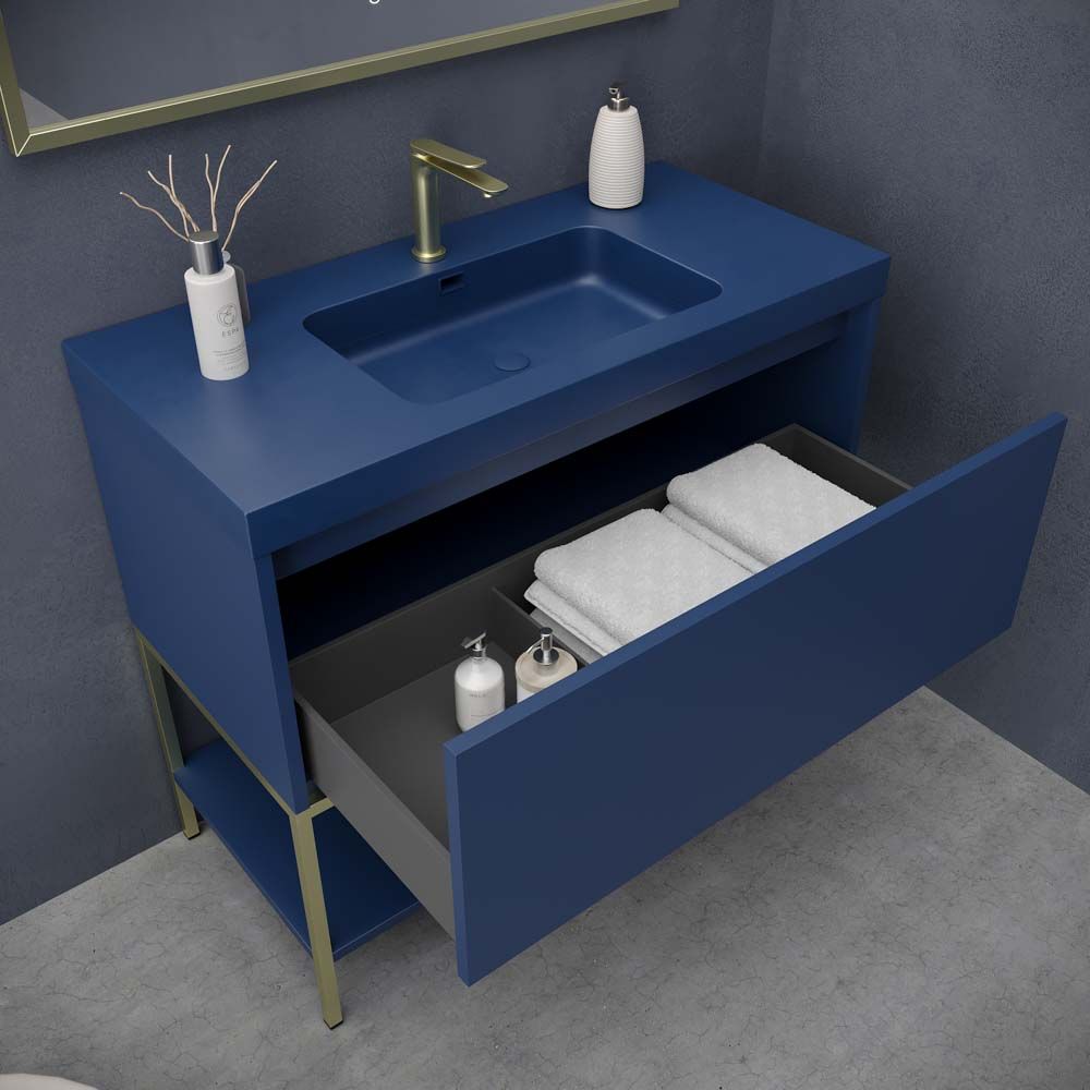 Mueble de baño ELEN con patas 1 cajón - 1 balda inferior AZUL COBALTO / ORO MATE - Imagen 3