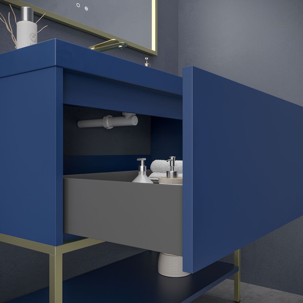 Mueble de baño ELEN con patas 1 cajón - 1 balda inferior AZUL COBALTO / ORO MATE - Imagen 2