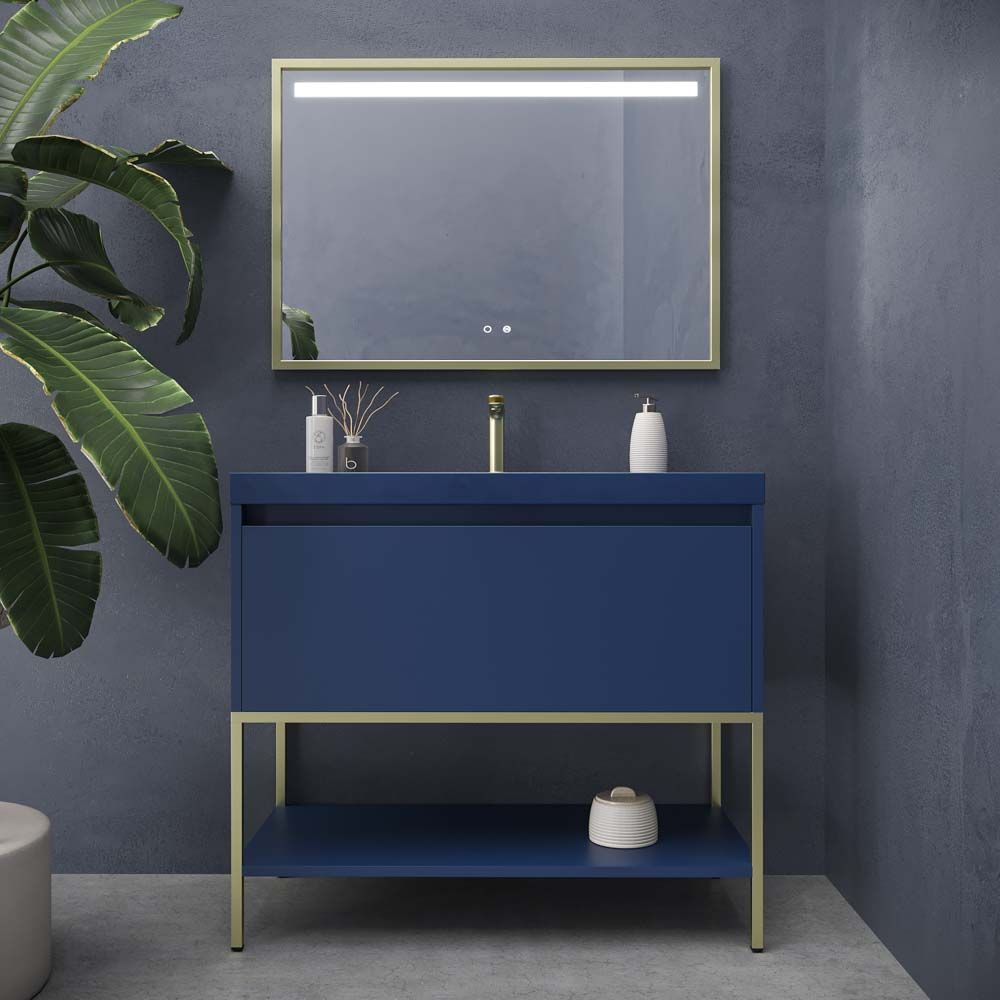 Mueble de baño ELEN con patas 1 cajón - 1 balda inferior AZUL COBALTO / ORO MATE