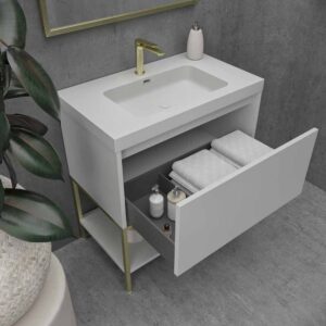 Mueble de baño ELEN con patas 1 cajón - 1 balda inferior GRIS PERLA / ORO MATE