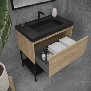 Mueble de baño ELEN con patas 1 cajón - 1 balda inferior ROBLE CLARO / NEGRO