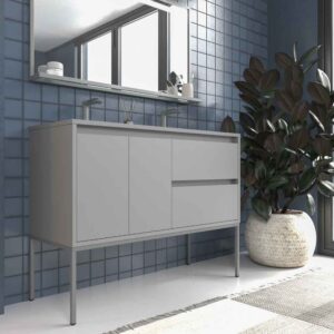 Mueble de baño con patas 2 cajones - 2 puertas SMILE con lavabo Solid Surface 2 senos GRIS PIEDRA
