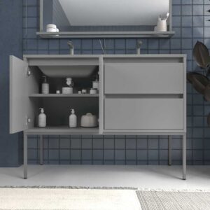 Mueble de baño con patas 2 cajones - 2 puertas SMILE con lavabo Solid Surface 2 senos GRIS PIEDRA