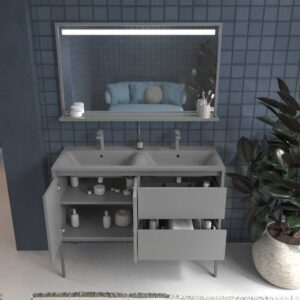 Mueble de baño con patas 2 cajones - 2 puertas SMILE con lavabo Solid Surface 2 senos GRIS PIEDRA