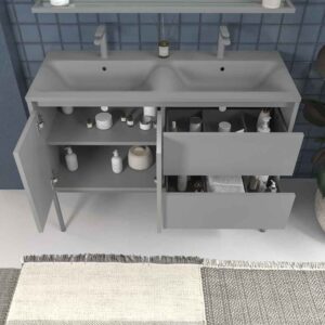 Mueble de baño con patas 2 cajones - 2 puertas SMILE con lavabo Solid Surface 2 senos GRIS PIEDRA