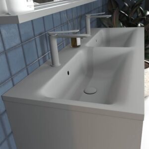 Mueble de baño con patas 2 cajones - 2 puertas SMILE con lavabo Solid Surface 2 senos GRIS PIEDRA