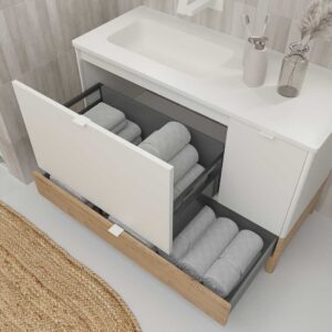 Mueble de baño VICENT con patas 2 cajones / 1 puerta encimera Solid Surface