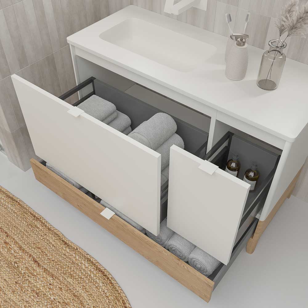 Mueble de baño VICENT con patas 2 cajones / 1 puerta encimera Solid Surface - Imagen 3