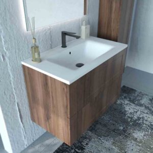 Mueble de baño suspendido 2 cajones BUDGET  con lavabo Solid Surface CASTAÑO