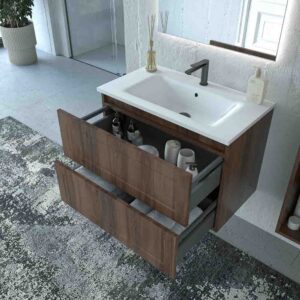 Mueble de baño suspendido 2 cajones BUDGET  con lavabo Solid Surface CASTAÑO