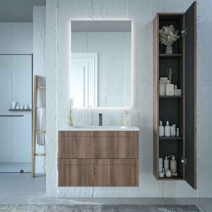 Mueble de baño suspendido 2 cajones BUDGET  con lavabo Solid Surface CASTAÑO