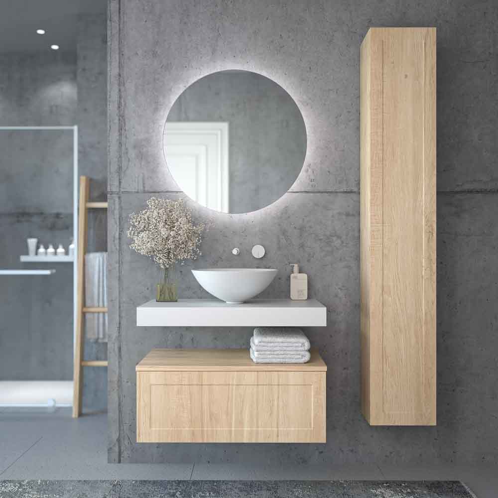 Mueble de baño suspendido 1 cajón BUDGET con tapa y lavabo BOL Solid Surface ROBLE CLARO
