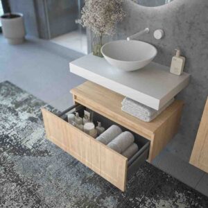 Mueble de baño suspendido 1 cajón BUDGET  con tapa y lavabo BOL Solid Surface ROBLE CLARO
