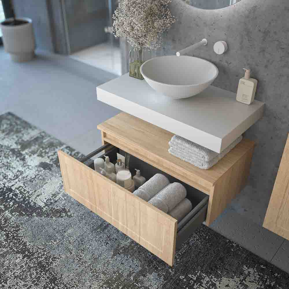Mueble de baño suspendido 1 cajón BUDGET con tapa y lavabo BOL Solid Surface ROBLE CLARO - Imagen 5