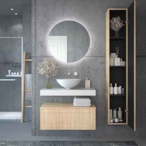 Mueble de baño suspendido 1 cajón BUDGET  con tapa y lavabo BOL Solid Surface ROBLE CLARO