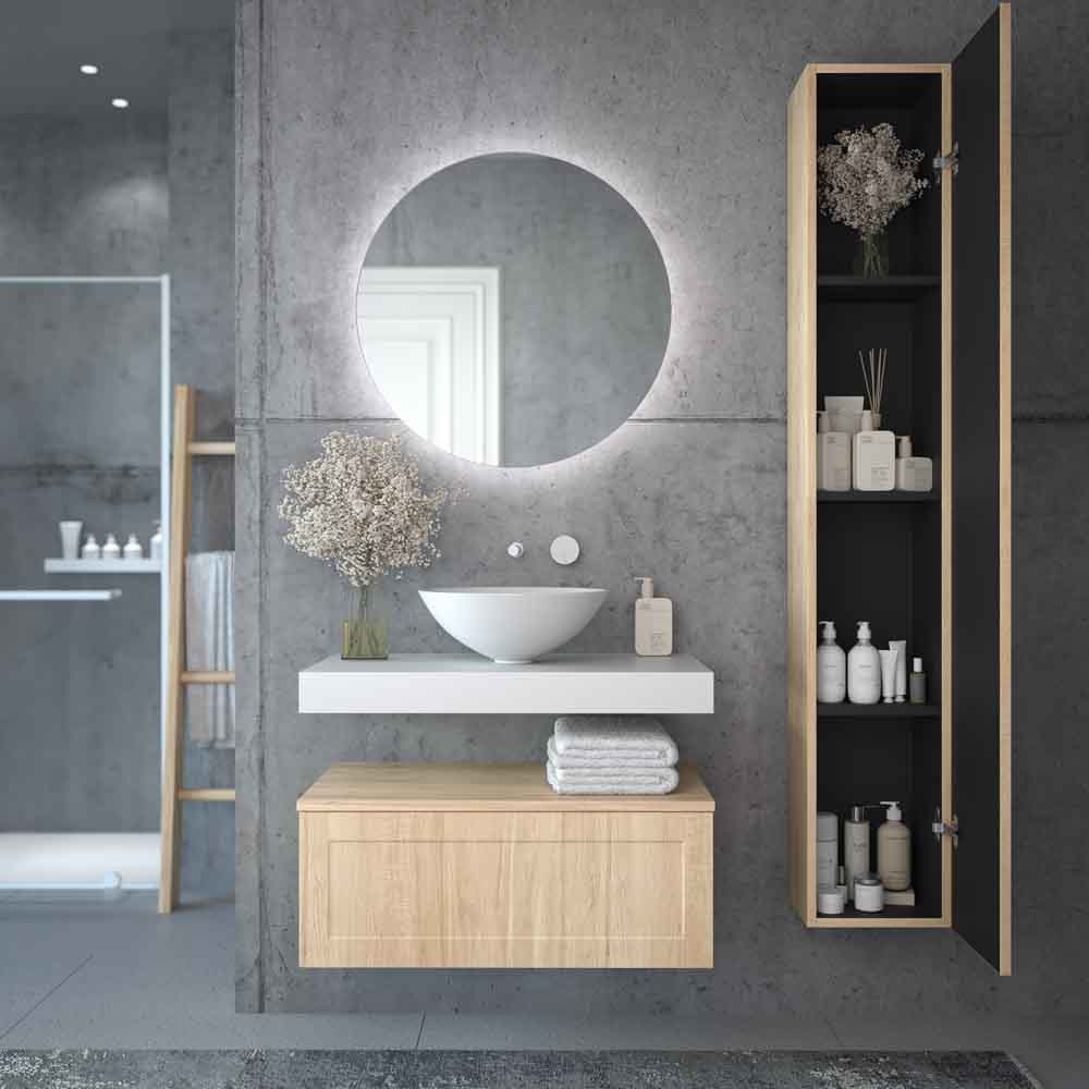 Mueble de baño suspendido 1 cajón BUDGET con tapa y lavabo BOL Solid Surface ROBLE CLARO - Imagen 4