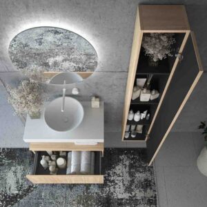 Mueble de baño suspendido 1 cajón BUDGET  con tapa y lavabo BOL Solid Surface ROBLE CLARO