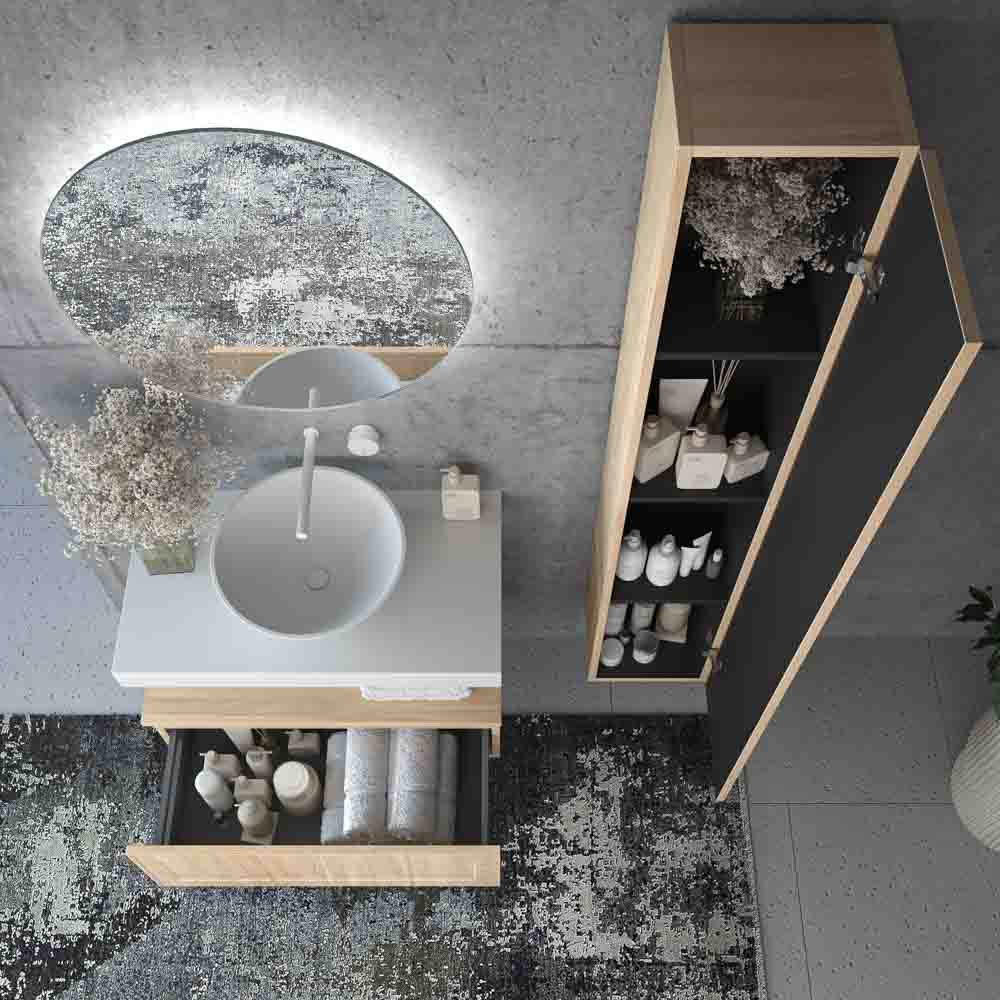 Mueble de baño suspendido 1 cajón BUDGET con tapa y lavabo BOL Solid Surface ROBLE CLARO - Imagen 2