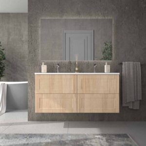 Mueble de baño suspendido 4 cajones BUDGET con lavabo Solid Surface 2 senos ROBLE CLARO