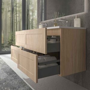 Mueble de baño suspendido 4 cajones BUDGET con lavabo Solid Surface 2 senos ROBLE CLARO