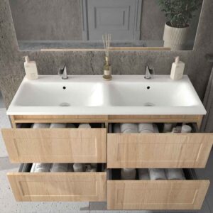 Mueble de baño suspendido 4 cajones BUDGET con lavabo Solid Surface 2 senos ROBLE CLARO