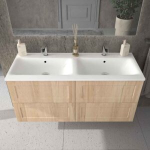 Mueble de baño suspendido 4 cajones BUDGET con lavabo Solid Surface 2 senos ROBLE CLARO