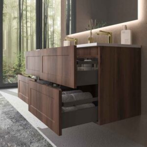Mueble de baño suspendido 4 cajones BUDGET con lavabo Solid Surface 2 senos CASTAÑO