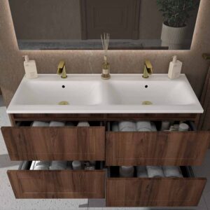 Mueble de baño suspendido 4 cajones BUDGET con lavabo Solid Surface 2 senos CASTAÑO