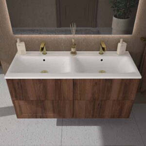 Mueble de baño suspendido 4 cajones BUDGET con lavabo Solid Surface 2 senos CASTAÑO