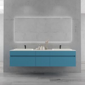Mueble de baño suspendido DUNE 6 cajones con encimera SOLID SURFACE 2 senos AZUL OCEAN