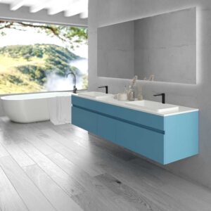 Mueble de baño suspendido DUNE 6 cajones con encimera SOLID SURFACE 2 senos AZUL OCEAN