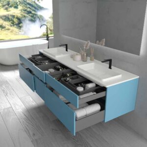 Mueble de baño suspendido DUNE 6 cajones con encimera SOLID SURFACE 2 senos AZUL OCEAN