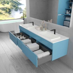 Mueble de baño suspendido DUNE 6 cajones con encimera SOLID SURFACE 2 senos AZUL OCEAN