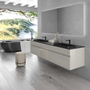 Mueble de baño suspendido DUNE 6 cajones con encimera SOLID SURFACE 2 senos GRIS PERLADO