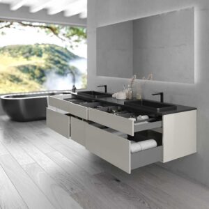 Mueble de baño suspendido DUNE 6 cajones con encimera SOLID SURFACE 2 senos GRIS PERLADO