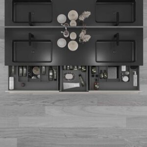 Mueble de baño suspendido DUNE 6 cajones con encimera SOLID SURFACE 2 senos GRIS PERLADO