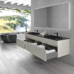 Mueble de baño suspendido DUNE 6 cajones con encimera SOLID SURFACE 2 senos GRIS PERLADO
