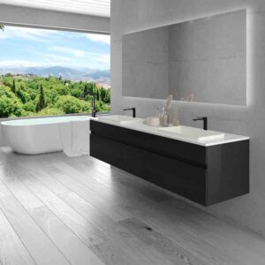 Mueble de baño suspendido DUNE  6 cajones con encimera SOLID SURFACE 2 senos NEGRO