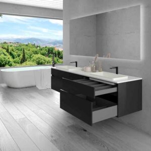 Mueble de baño suspendido DUNE  6 cajones con encimera SOLID SURFACE 2 senos NEGRO